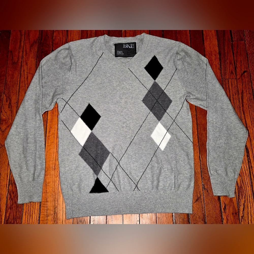 BKE Buckle Slim Fit Size XL Extra Large Gray Argyle V-Neck Cotton Sweater B5 - Picture 2 of 7